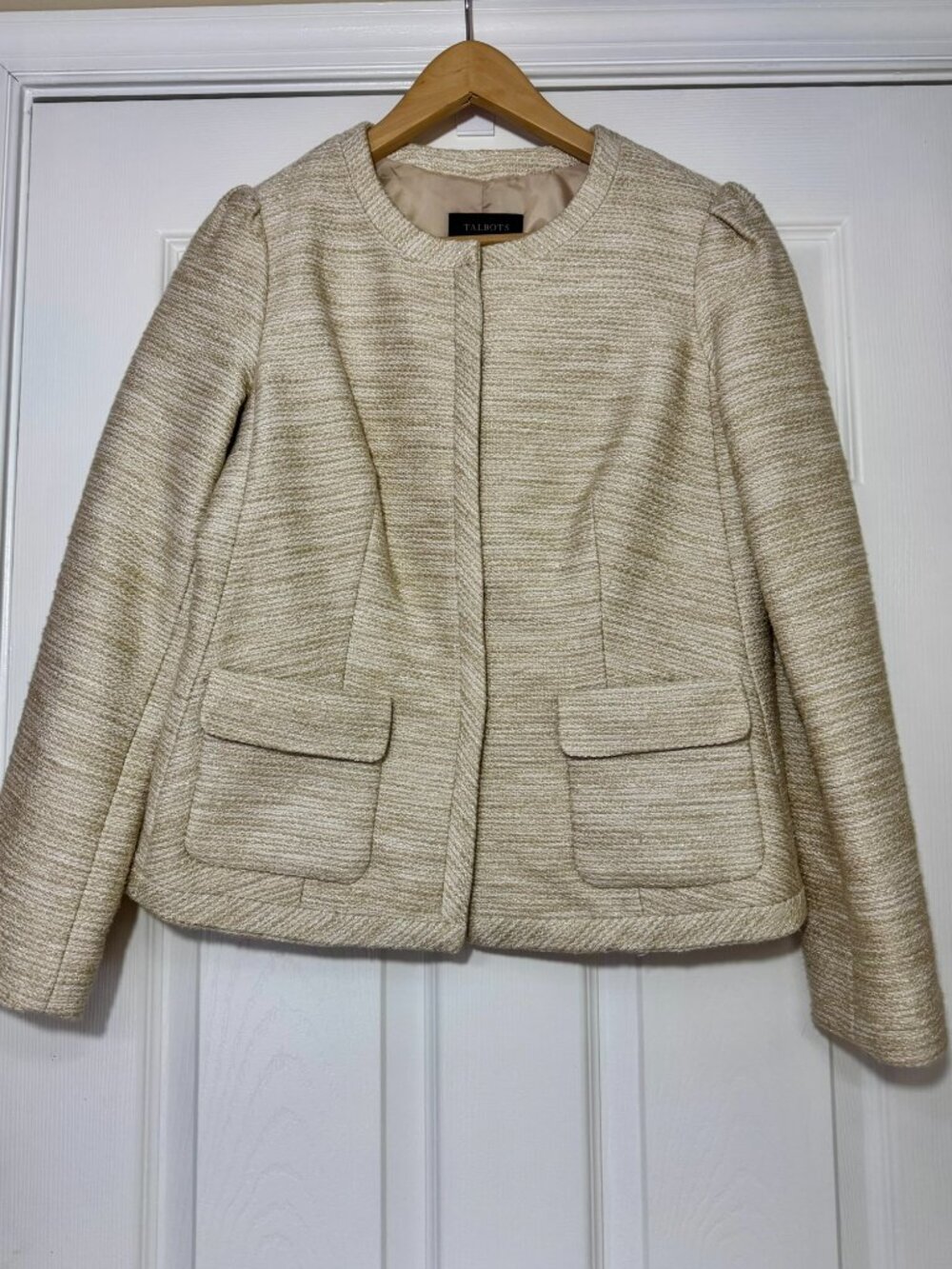 Talbots Cream Gold Tweed Snap Front Lady Jacket Metallic Thread Size 4